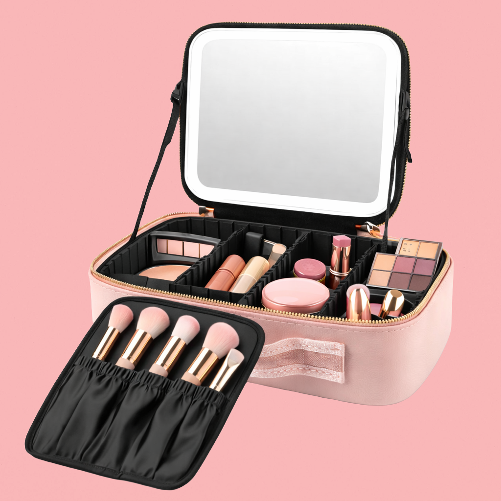 Organizador de maquillaje pórtatil con espejo LED - Vanity Rose Lux