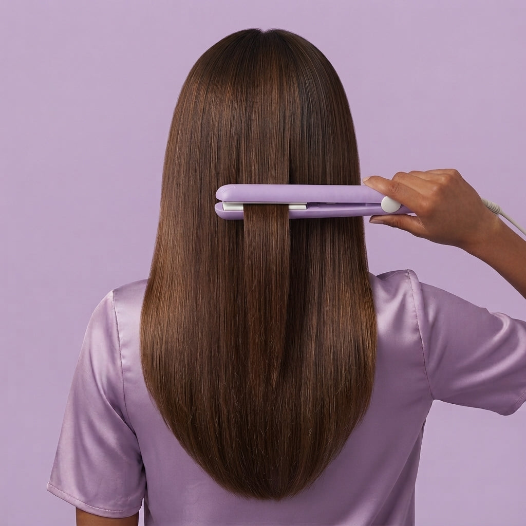 Mujer alisándose el pelo con la mini plancha alisadora SleekLux